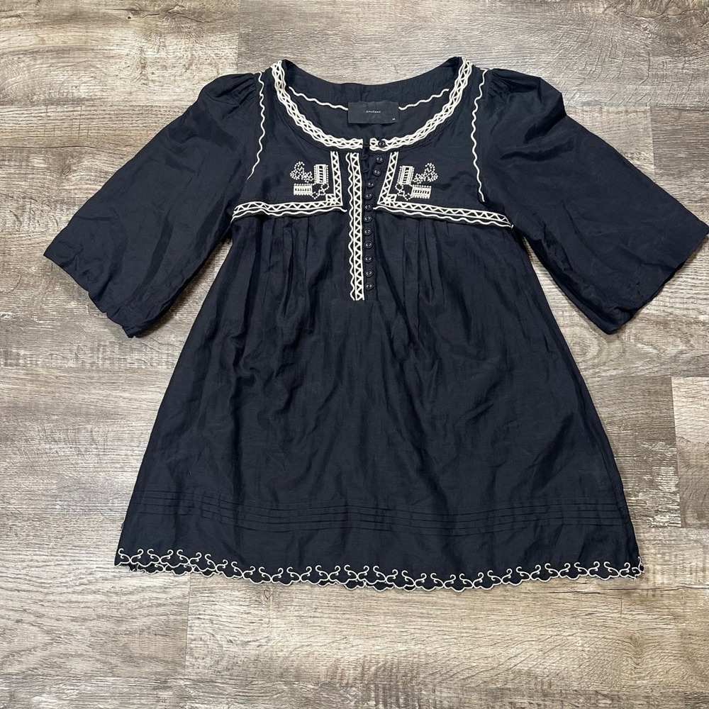 Shulami Womens Black Cotton Silk Embroidered Babydoll Tunic Top Size M‎ X-201